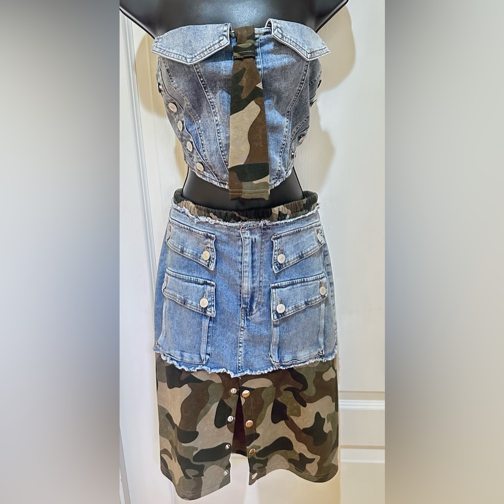 Upcycled Camouflage and Denim Skirt set size L - Picture 3 of 7